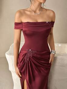 Coutiva Women's Off-Shoulder Solid Color Side Slit 3D Floral Design Elegant Evening Gown Dress - Burgundy - View 1