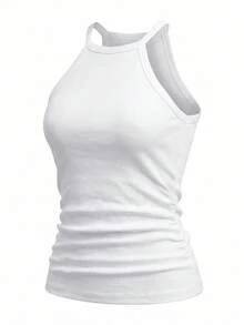 Slaydiva Spring Summer New Casual Basic Versatile Solid White Ribbed Crew Neck Racer Back Off-Shoulder Women Tank Top Suitable For Dates Travel Valentine's Day - White - View 3