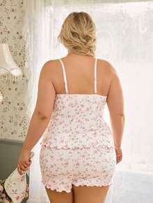 CottageSlumber Plus Size Floral Pattern Lace Patchwork Frill Trim Pajama Set - White - View 2