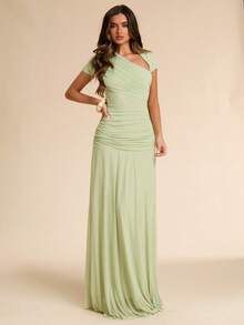 SHEIN BAE Asymmetric Ruched Fitted Long Dress, Green, Suitable For Wedding Guest,Dresses For Women Summer - Green - View 5