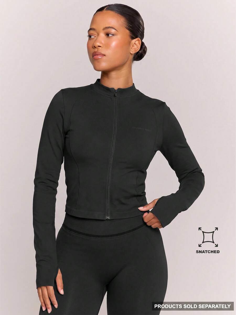 Musera Sport 對比色拉鍊開襟長袖BBL外套僅限單件 運動健身房皮拉提斯健身日常女孩休閒熱汗款 - 黑色 - 查看 1