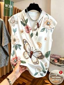 SHEIN Blusa feminina de cetim com estampa de borboletas, nova coleção de verão. Blusa feminina de manga curta com amarração, blusa de manga curta com design luxuoso, blusa de cetim luxuosa com borboletas, blusa chique de manga curta para o dia a dia, blusa de cetim com estampa de borboletas 3D e amarração cruzada, blusa elegante com estampa floral para o dia a dia, nova blusa feminina de cetim de seda para primavera e verão, regata de cetim com decote em V cruzado que afina a silhueta, sedosa e fresca, caimento perfeito, resistente a amassados, brilho sofisticado, decote transpassado, borboletas 3D, modeladora, luxuosa, elegante, retrô, estilo delicado, versátil para o dia a dia, ideal para férias, encontros, trabalho, festas noturnas, viagens e festivais. - Multicolorido - Ver 3