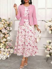 SHEIN Lady 優雅兩件式素色外套搭配長款印花女款蓮藕粉洋裝，四季皆宜 - 藕粉色 - 查看 3