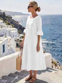 EMERY ROSE Damen Einfarbiges Rundhals Kleid mit Rüschenmanschetten Locker Lässig - Weiss - Übersicht 7
