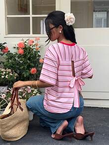 SHEIN Frenchy Women's Striped Colorblock Casual Versatile Everyday T-Shirt - Light Yellow - View 14