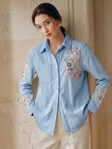 Camisa de manga larga azul con bordado floral grande elegante y romántica para mujer, moda primavera/verano, para fiesta de San Valentín y vacaciones, con jeans - Beis - Ver 7