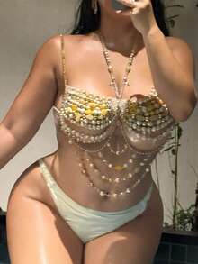Swim SXY 2026 Nouveau Printemps et Été Sous-vêtements Bikini Grande Taille pour Femmes avec Chaîne de Corps Sexy, Chaîne de Perles et Chaîne Métallique Accessoires de Vacances à la Plage Fête Festival, Lingerie - Roux - Voir 3