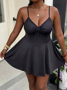 Muchica Combinaison sans manches pour femmes grandes tailles, couleur unie avec poches, tenue une pièce - Noir - Voir 7