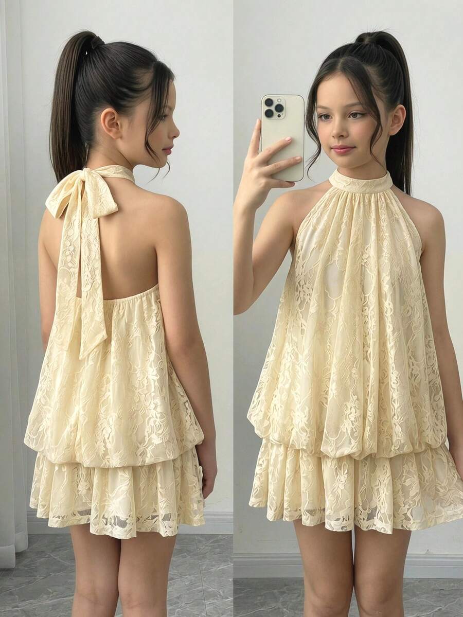 SHEIN Firerie Kids 青少年女孩休閒優雅復古蕾絲掛脖公主洋裝 正式場合外出百搭 度假街拍適用 姐妹裝 親子裝 可愛女孩洋裝 青少年女孩洋裝 女孩洋裝 蕾絲洋裝 俏皮迷你洋裝 - 杏色 - 查看 1