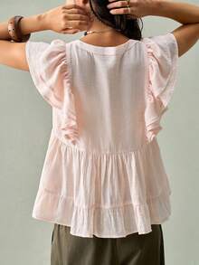 SoleilVie Women's French-Style Babydoll Top  Summer Loose-Fit Blouse Featuring V-Neck Ruffled Cap SleevesTextured Fabric, And Tiered Hem - Pink - View 2