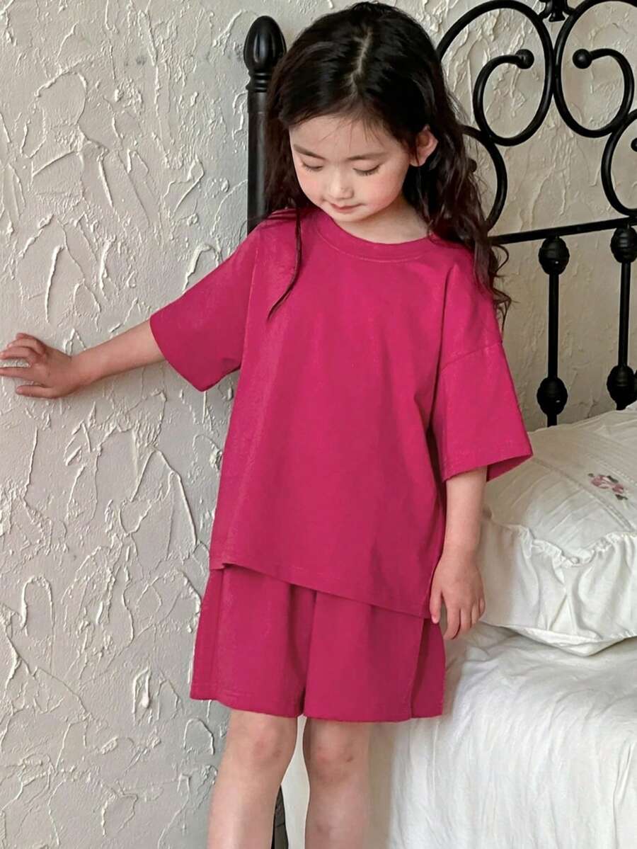 Dazy Kids 2 件装年轻女孩短袖纯色 T 恤和短裤家居服套装,夏季 - 玫紅色 - 查看 1