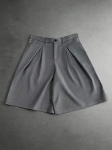 PAVTROS Men's Double Pleated Silhouette Rivet Design Wide Leg Shorts Casual Versatile - Dark Grey - View 6