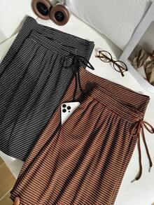 Comfortcana Pantalones holgados de cintura elástica con cordón y patrón a rayas, 2 piezas, talla grande, negro y marrón - Multicolor - Ver 6