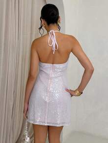SHEIN Glamour Women's Spaghetti Strap Sequin Dress, Sexy Short Formal Party Dress, Wedding Event Dress, Graduation Ceremony Dress, Wedding Guest Dress, Holiday Banquet Dress - Baby Pink - View 2