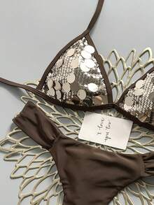 Swim Mod Summer Beach Women 2pcs Champagne Gold Sequin Fabric Triangle Tie Top & Ruched Bikini Bottoms Swimsuit Set - Brown - View 5