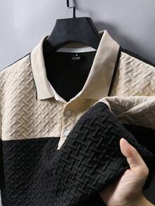 EGENSIO Men's Knitted Jacquard Textured Patchwork Collar Ribbed Cuff 3-Button Polo Shirt, Ceremony - Apricot - View 5