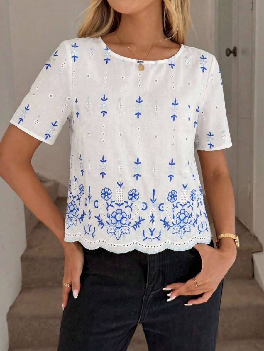 Easowa 春夏圓領短袖女式襯衫,可追溯棉質刺繡提花紋理面料,休閒度假優雅街頭風 - 彩色 - 查看 1