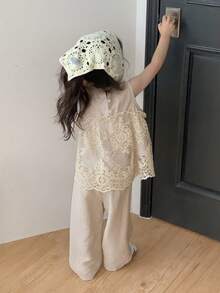DAZY 嬰兒/幼童(女孩)蕾絲拼接韓式背心上衣 & 寬鬆長褲 2件套上衣套裝 - 杏色 - 查看 3
