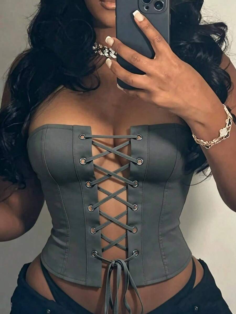 Rovax Plus Size Women's Solid Color Eyelet Lace-Up Design Fitted Versatile Daily Outing Bandeau Top - Grey - View 1