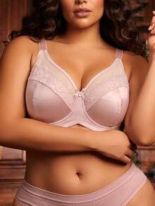 Divavoom Plus Size Women Contrast Lace Bow Decor Fashion Underwire Bra - Apricot - View 5
