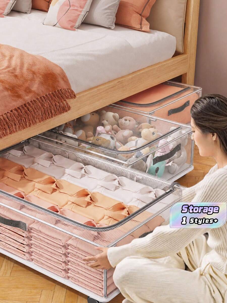 2个装床底收纳箱，带轮子，扁平透明防潮，适用于衣物、床上用品等，大容量收纳箱 - 白色 - 查看 1