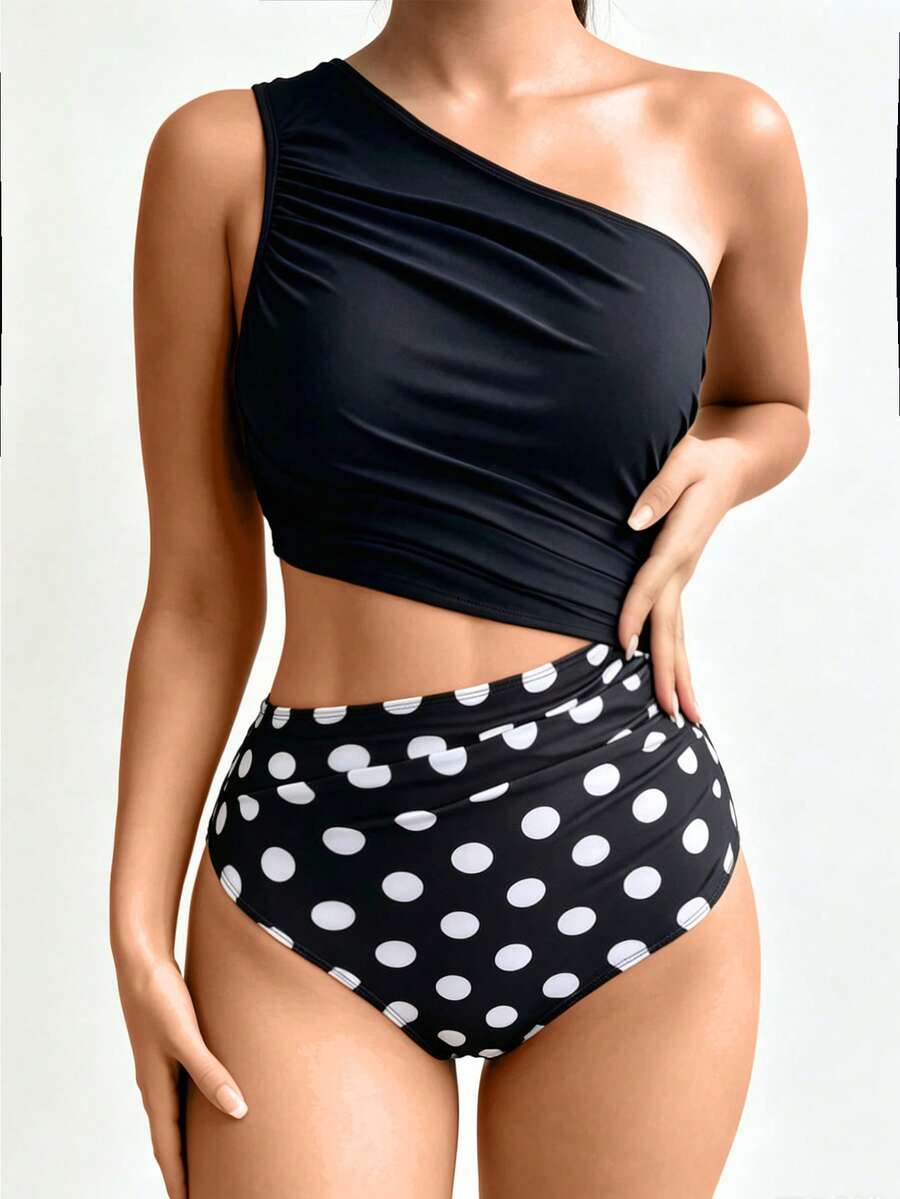 SHEIN Swim 女款一件式不對稱單肩純色與豹紋拼接無袖休閒舒適度假泳衣 - 彩色 - 查看 1