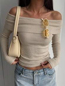 DAZY Women's Solid Color Off-Shoulder Long Sleeve Fitted Sweater, Autumn Off Shoulder Sweater,Long Sleeve Tops,Fall Women Clothes - Camel - View 11