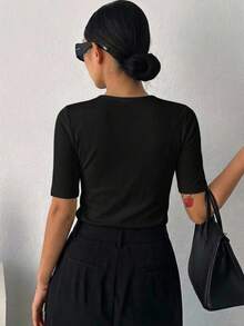 Dazy-Less Dam Sommar Enfärgad Normala Axlar Kortärmad T-shirt Old Money Style Business Casual Dam - Svart - Visa 7