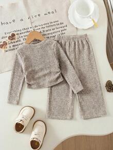 SHEIN Conjunto de 2 piezas para bebé niña de punto color liso versátil con patrón de lazo manga larga y pantalones largos gris claro - Multicolor - Ver 2