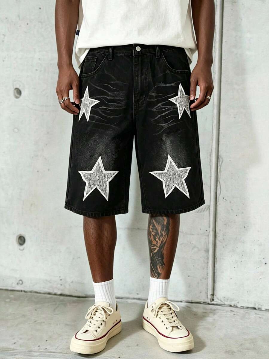 GALLERY FADE New Summer Black And White Washed Denim Shorts With Star Embroidery Holiday Y2k - Black - View 1