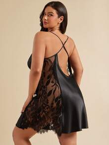 SHEIN BAE CURVE 1pc Women Plus Size Sexy Lace Camisole Nightgown, Elegant Satin Mini Skirt, Suitable For All Seasons Black Night Gown Satin Night Gown Lace Night Gown Plus Size Night Gown Plus Size Nightgown, Feel Beautiful - Black - View 2