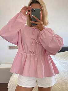 DAZY Set pigiama da donna 2 pezzi con blusa ampia decorata con fiocco e pantaloni corti, outfit primavera estate, tonalità rosa - Rosa - Visualizzare 9