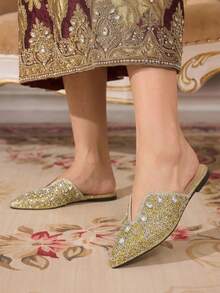CUCCOO TILAWA Ladies' Fashionable And Elegant Rhinestone Pointed, Women's Flat-Soled Shoes, Suitable For Banquets, Parties, Daily And Other Occasions - Gold - View 7