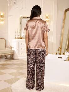 LuxeNights Light Luxury Contrast Trim Leopard Print Bow Embroidery Open Front Lapel Faux Silk Women's Pajama Set - Brown - View 5