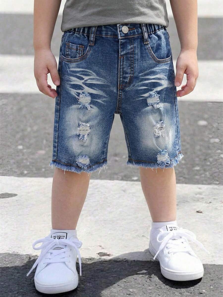 男童牛仔短褲 夏季新款街頭時尚美式復古中藍色水洗牛仔 破洞毛邊設計 舒適優質純棉牛仔 日常基本款校園穿搭運動純棉夏季童裝 男孩 5/8 分褲 - 中等水洗藍 - 查看 1