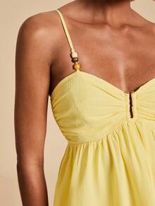 Travachic Women's Solid Color Beaded Strap Short Dress Beach Vacation Lemon Yellow Summer Boho - Yellow - View 3