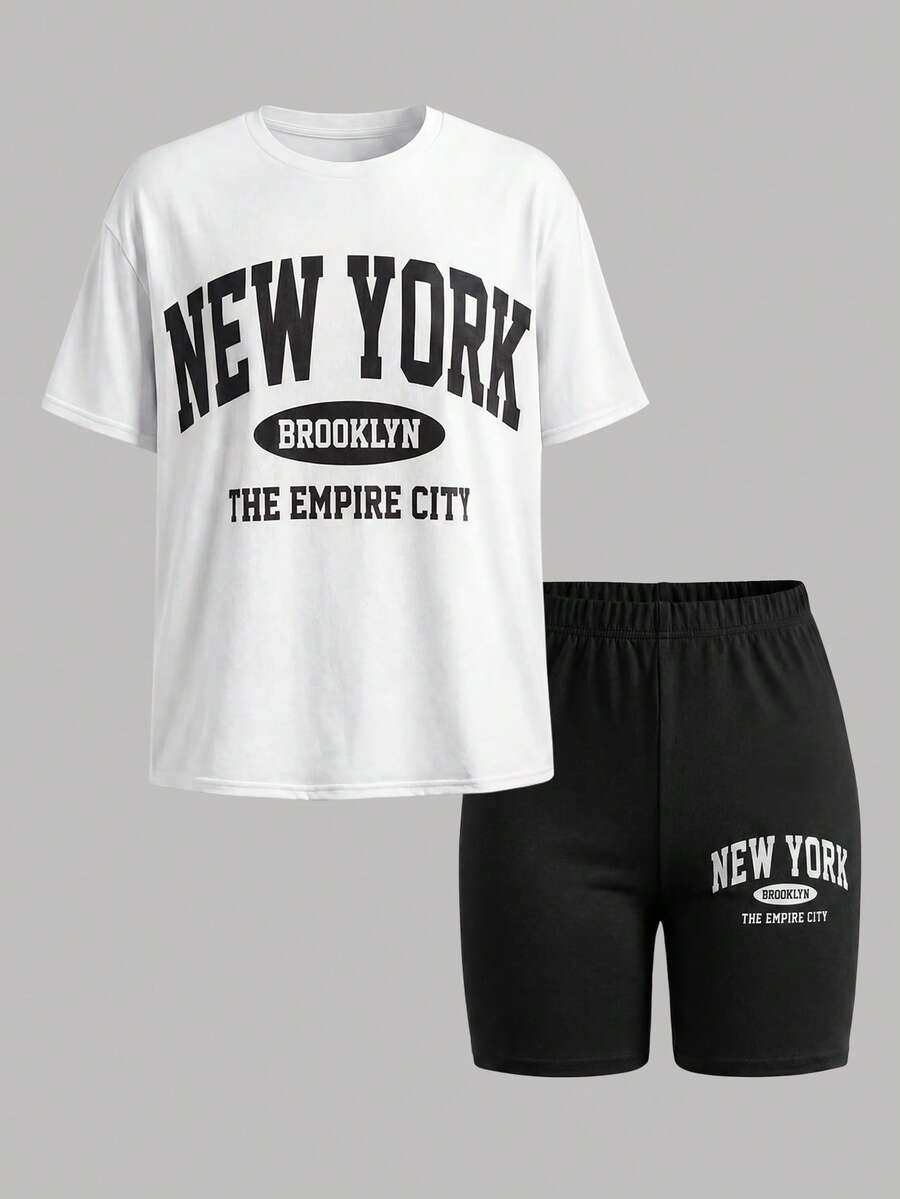 Young Girl Casual Street Style Printed Knit Round Neck Short Sleeve Shorts Set, Pink - Black - View 1