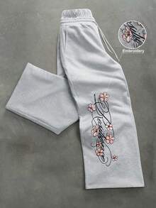 PAVTROS Men's Floral Embroidery Drawstring Waist Loose Casual Sweatpants Wide Leg - Grey - View 3