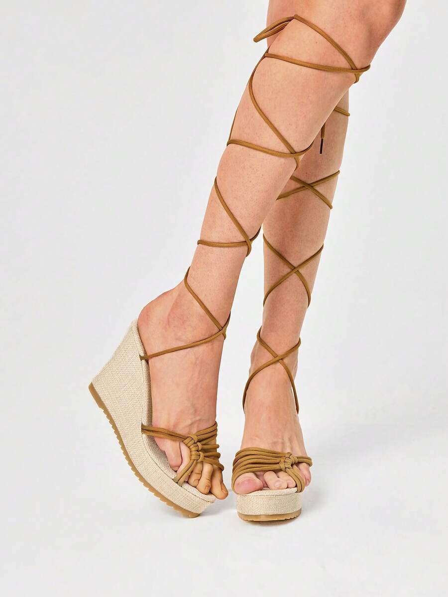 ROMWE Fairycore Women Platforms & Wedge Sandals Holiday Travel Essential Boho Cowgirl Outfit Summer - Beige + strap - View 1