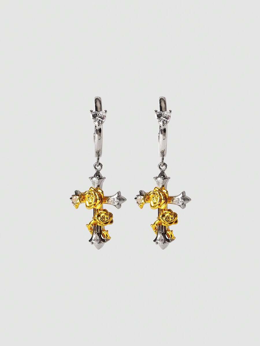 MortiRose Design Sweet Cool Wind Gold And Silver Contrast Color Rose Cross Earrings Niche Design Earrings - Double color gold - View 1
