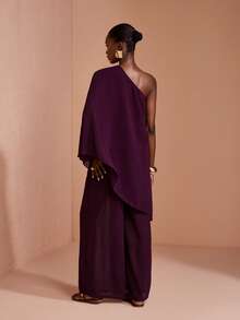 JIAN LASALA Women Chiffon Boho Asymmetrical Neck Long Sleeve Wide Leg Jumpsuit - Chocolate Brown - View 2