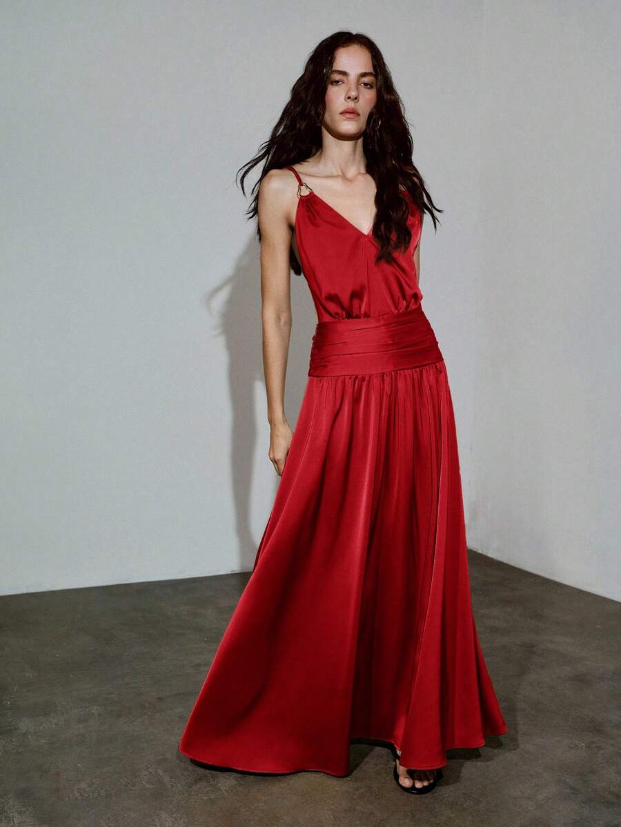 MOTF PREMIUM URBAN METAL RING DECOR CHAIN RUCHED LONG CAMI DRESS SPRING SUMMER - Red - View 1
