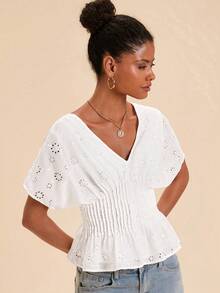 Travachic Women's Vacation Casual Romantic Solid Color Hollow Embroidery Batwing Sleeve Waist-Defining Top Vacation White Summer - White - View 3