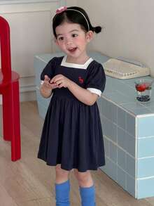 DAZY 女嬰圓領條紋休閒寬鬆拼色條紋洋裝 夏季幼兒 - 藍色 - 查看 5