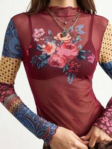 Bohemela Women's Vacation Floral Print Sheer Mesh Long Sleeve Top - Red Violet - View 6