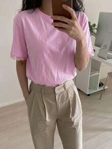DAZY 女款圓領素色蕾絲飾邊袖口短袖T恤 - 粉色 - 查看 5
