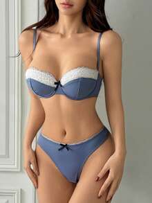 DAZY Mesh & Contrast Lace Adjustable Spaghetti Strap Bra And Panty 2-Piece Set, Summer Lingerie Outfit For Women - Blue and White - View 7