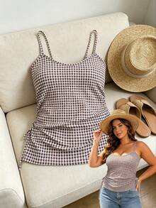 Vionelle Plus Size Women's Summer Casual Vacation Vintage Plaid Print Knit Fitted Sexy Bold Avant-Garde Spaghetti Strap V-Neck Ruched Waist Tank Top - Brown - View 4