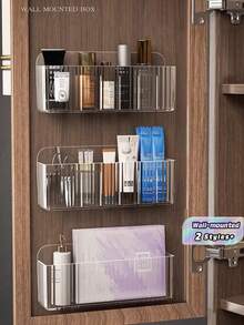 1/3 Pieceswall-Mounted Cosmetic Storage Box, Plastic Makeup Storage Box Suitable For Lipsticks, Brushes, Nail Polish, Skincare Products - Hidden Storage Box For Mirror Cabinet Doors. Bathroom Vanity Storage Rack - Transparent - View 2