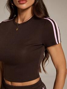SHEIN Tall Women's Striped Patchwork Round Neck Short Sleeve T-Shirt And Wide Leg Pants Casual 2 Pieces Set - Brown - View 8
